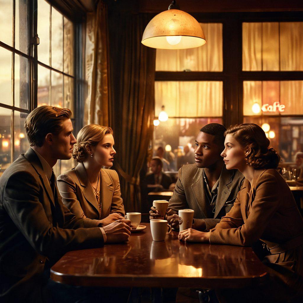 A dramatic film scene showcasing a diverse group of characters engaged in deep conversation in a dimly lit café, with rich textures depicting emotions on their faces. The background features a large vintage movie poster illustrating iconic cinematic moments, while soft, golden light streams in through window curtains, highlighting the essence of realism in storytelling. super-realistic. warm tones. cinematic style.