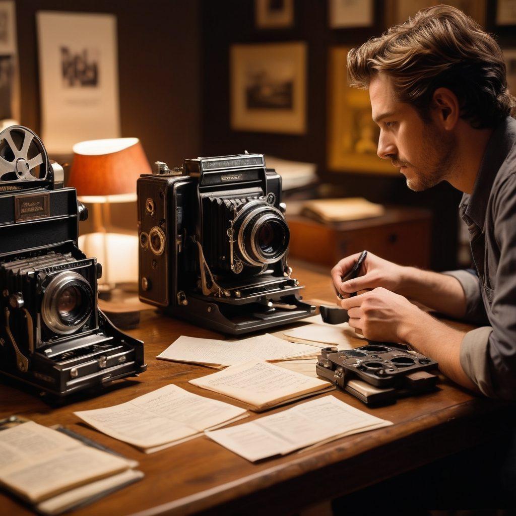 A filmmaker surrounded by film reels, a vintage camera, and a notepad filled with notes, capturing the essence of realism in storytelling. In the background, glimpses of documentary scenes and narrative cinema play out on screens, showcasing authenticity. Soft, natural lighting illuminates the scene, emphasizing the tools of the trade. The atmosphere is immersive and inspiring, inviting viewers to embrace the art of filmmaking. vibrant colors. cinematic style. soft focus.