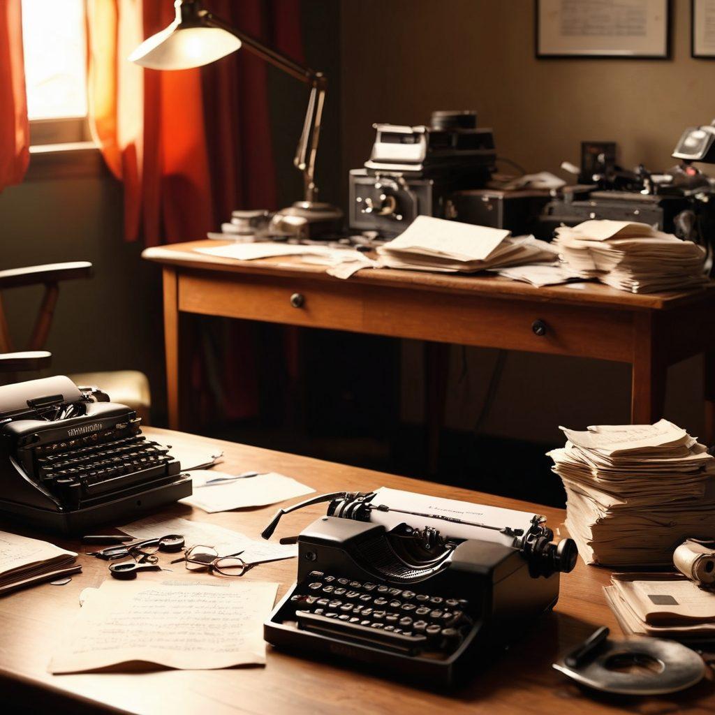 A cinematic montage depicting the journey of a true story transitioning from a handwritten script to a vibrant film scene. The left side shows a desk with crumpled scripts and a typewriter, while the right side reveals a dynamic film set with a camera capturing a dramatic scene. Include elements like film reels, director's chair, and behind-the-scenes crew working passionately. The atmosphere reflects creativity and transformation. super-realistic. vibrant colors. dynamic composition.